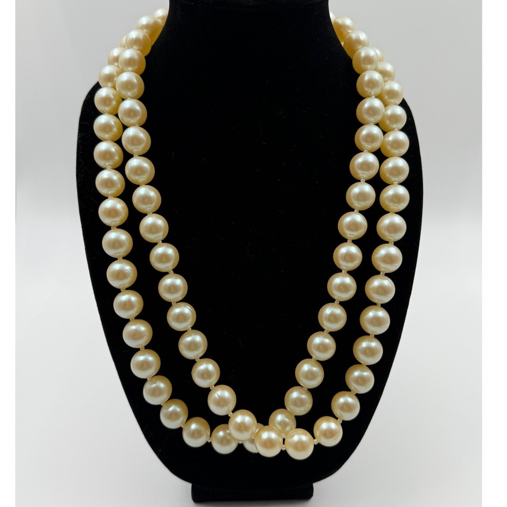 Vintage Faux Pearl Necklace Hand Knotted Cream 30 Inch Opera Length Gold Clasp